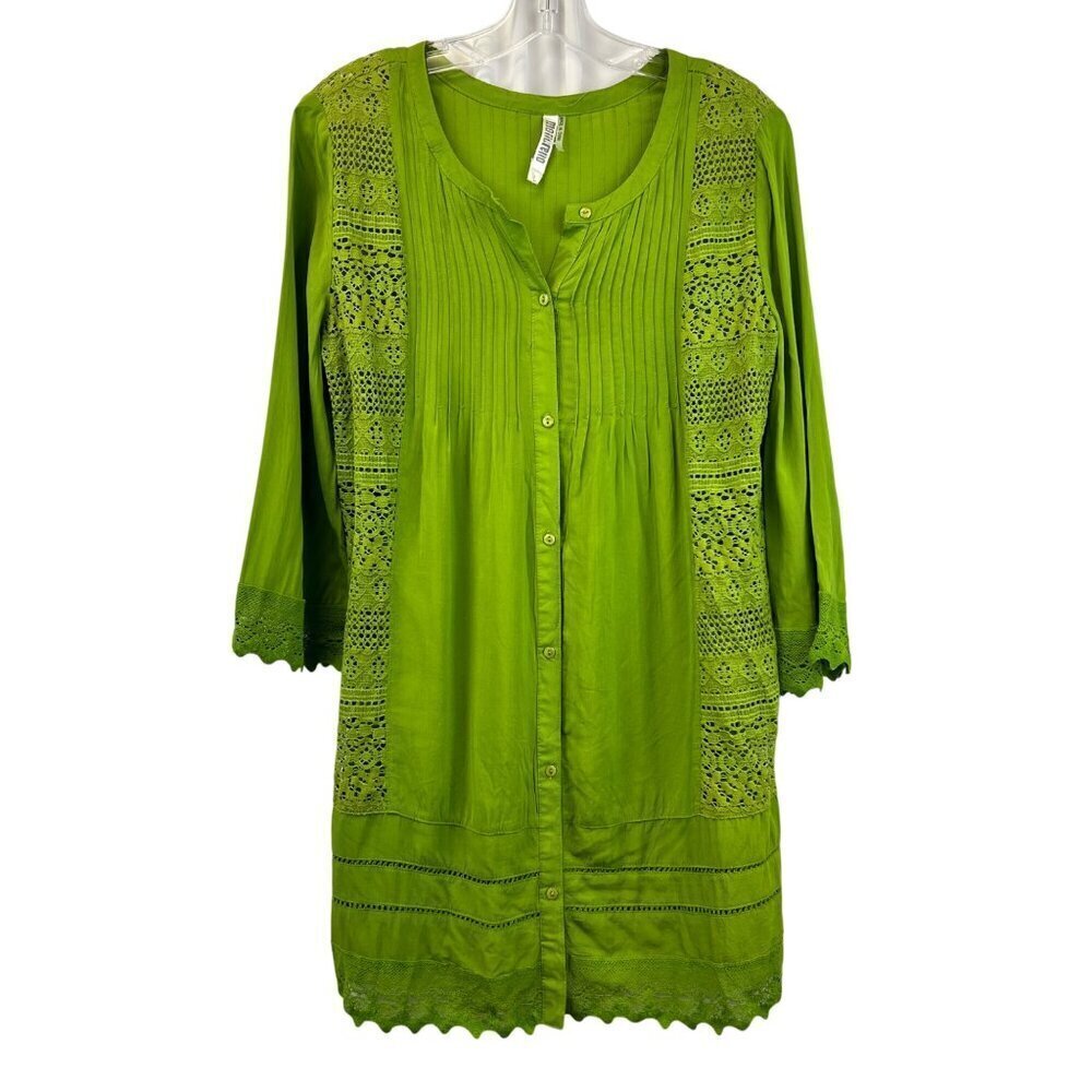 Monoreno Womens Pleated Lace Button Up Tunic Top Green Size Large 3/4 Sleeve